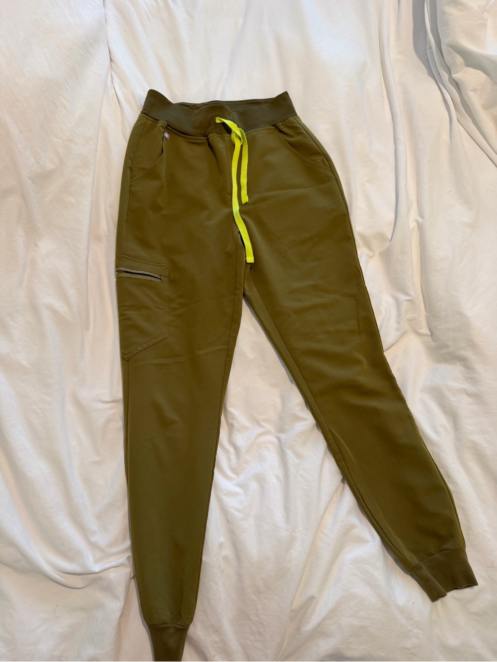 Figs Olive Green Jogger Pants with Neon Yellow Drawstring